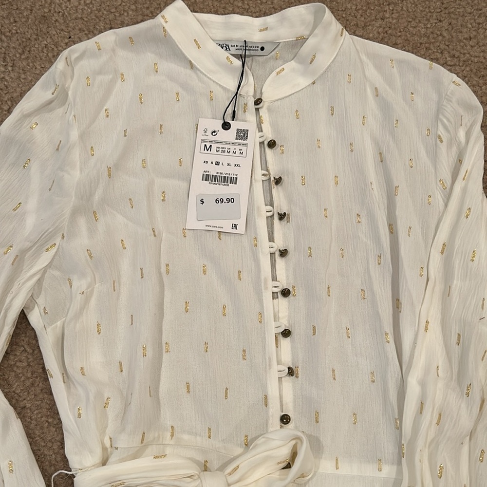 NWT ZARA Cream and Gold Belted Dress Size Medium